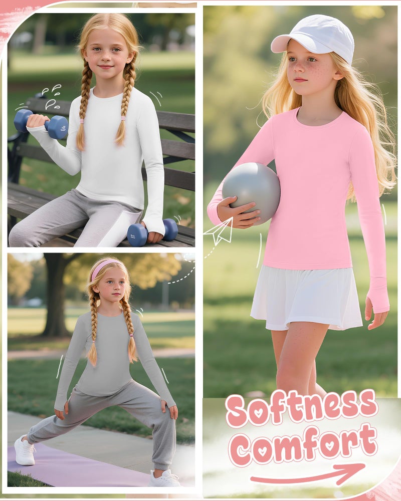LessonZoo 4 Pack Girl's Long Sleeve Athletic Shirts with Thumb Holes, 5-14 Years Kids Quick Dry Crew Neck Teens Gym Yoga Tops(Pink, White, Light Gray, Black,13-14 Years) - Image 4