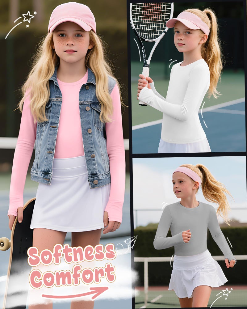 LessonZoo 4 Pack Girl's Long Sleeve Athletic Shirts with Thumb Holes, 5-14 Years Kids Quick Dry Crew Neck Teens Gym Yoga Tops(Pink, White, Light Gray, Black,13-14 Years) - Image 5