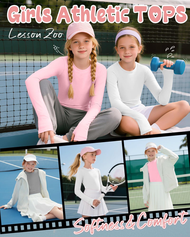 LessonZoo 4 Pack Girl's Long Sleeve Athletic Shirts with Thumb Holes, 5-14 Years Kids Quick Dry Crew Neck Teens Gym Yoga Tops(Pink, White, Light Gray, Black,13-14 Years) - Image 3