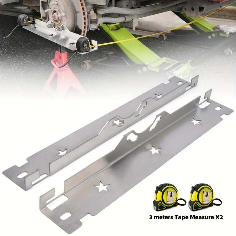 2pcs Stainless Steel Advanced Wheel Alignment Tools With Suspension Holes Includes Two 118.11 Inch Tape Measure And Pair Of Silvery Toe Alignment Plates - Image 1