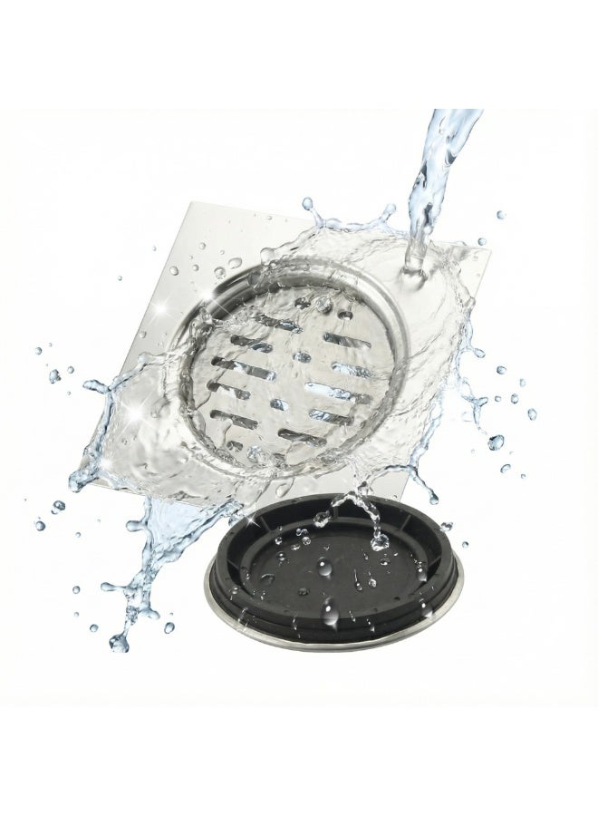 دائرة خضراء مصرف أرضي من الفولاذ المقاوم للصدأ 304 مقاس 15×15 سم (يناسب مصرفًا مقاس 4 بوصات) - مصرف دش مخفي مدمج بالبلاط - مضاد للرائحة، ومقاوم للصدأ، ومُجمد للشعر - للحمام والمطبخ والشرفة - وفقًا للمعايير الإماراتية - Image 5