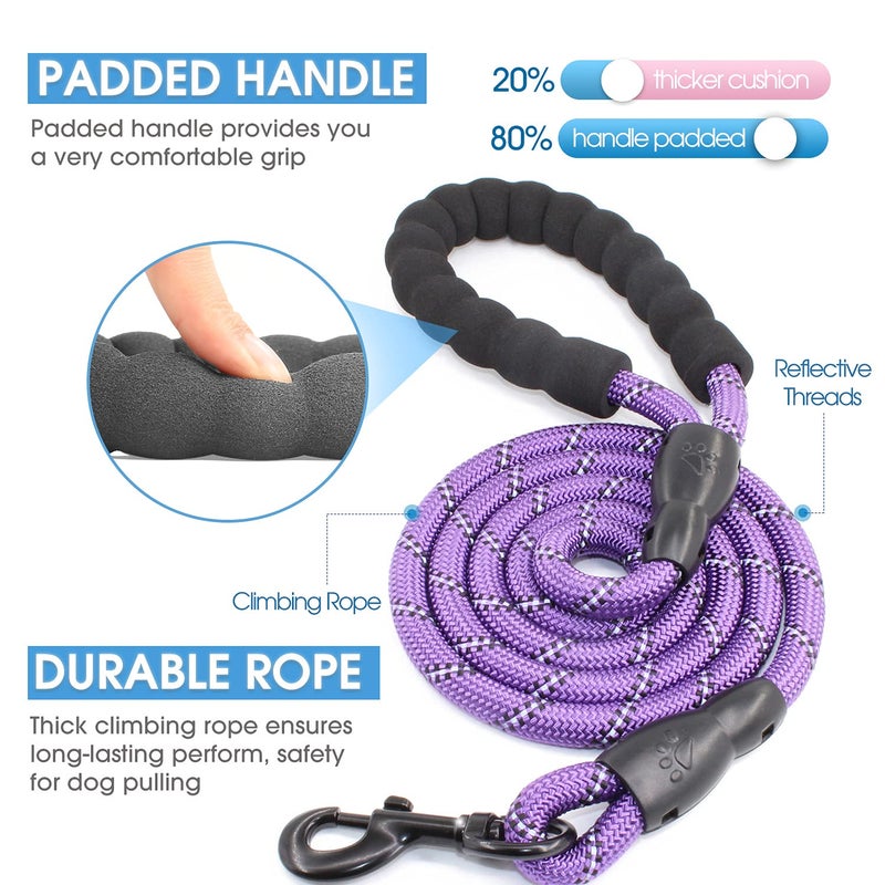BAAPET 2/4/5/6 FT Dog Leash with Comfortable Padded Handle and Highly Reflective Threads for Small Medium and Large Dogs (5FT-1/2'', Purple) - Image 2