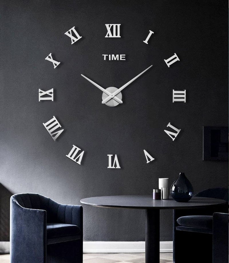 SIEMOO Large DIY Wall Clock Kit, 3D Frameless Wall Clock with Mirror Number Stickers for Home Living Room Bedroom Office Decoration-Silver 021 - Image 2