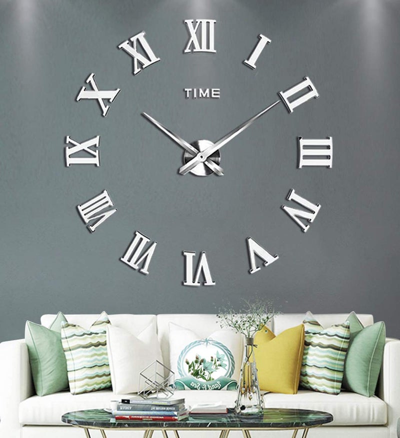 SIEMOO Large DIY Wall Clock Kit, 3D Frameless Wall Clock with Mirror Number Stickers for Home Living Room Bedroom Office Decoration-Silver 021 - Image 1