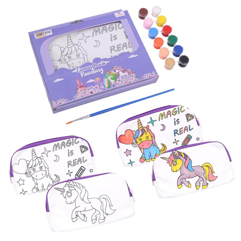 HOBBY INDIA DIY Canvas Pouch Painting Kit | Cute Zipper Makeup & Toiletry Case for Kids & Adults, Art Craft Set, Birthday Gift, School Stationery, Travel Pencil Organizer for Girls & Boys (Unicorn) - Image 1