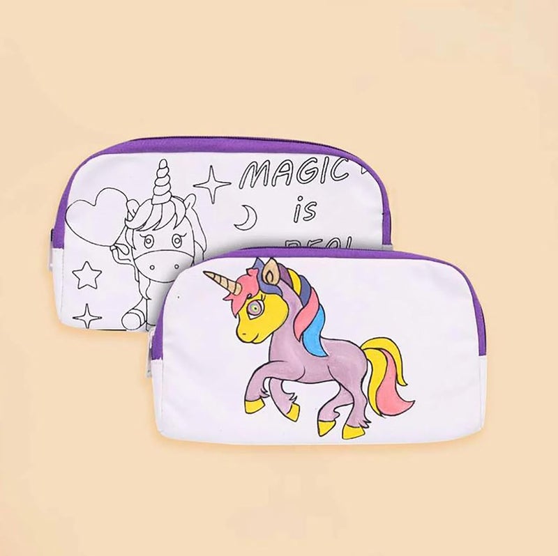 HOBBY INDIA DIY Canvas Pouch Painting Kit | Cute Zipper Makeup & Toiletry Case for Kids & Adults, Art Craft Set, Birthday Gift, School Stationery, Travel Pencil Organizer for Girls & Boys (Unicorn) - Image 2