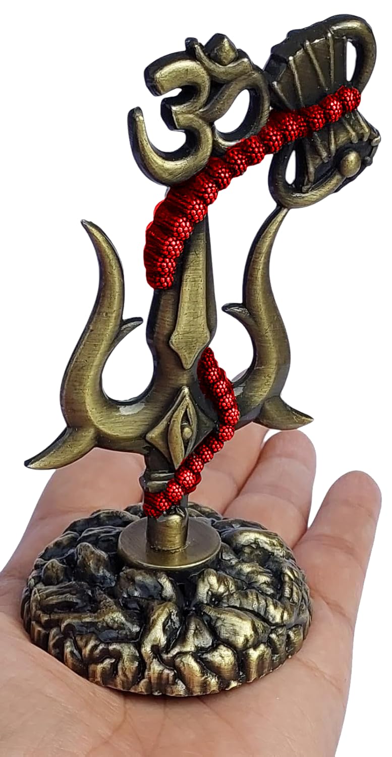 ARTISKRITI Shivji Trishul Damru and Aum Idol for Mandir, Car Dashboard Statue Metal Showpiece for Pooja Room Home Decor, 10 cm, Antique Brown - Image 2