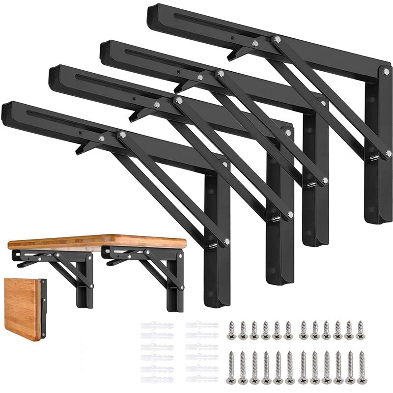 Autohj Folding Shelf Brackets - 10 Inch 4 Pcs Heavy Duty Metal Collapsible Triangle Shelf Bracket Diy Wall Mounted Foldable Shelf Bracket Space Saving For Bench Table - Image 1