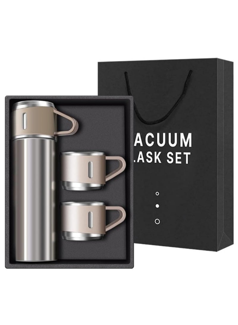 ترمس أصلي سعة 500 مل مع 3 أكواب، زجاجة حرارية، ترمس شاي وقهوة معزول بالفراغ، كوب سفر من الفولاذ المقاوم للصدأ 304 للمشروبات الساخنة والباردة، مجموعة قارورة معزولة - بيج - Image 1