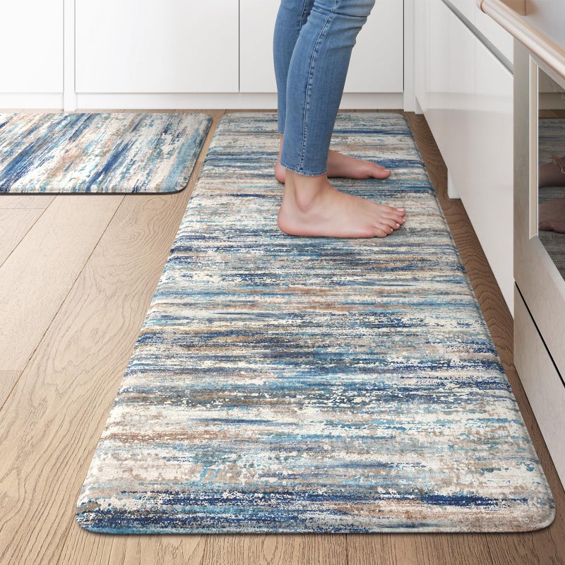 KIMODE Kitchen Mats for Floor Anti Fatigue, 17"x47"+17"x29" Farmhouse Kitchen Rugs Sets of 2, Padded Kitchen Floor Mats, Comfort Standing Mats for Sink Laundry Office Desk Dark Blue Grey - Image 1