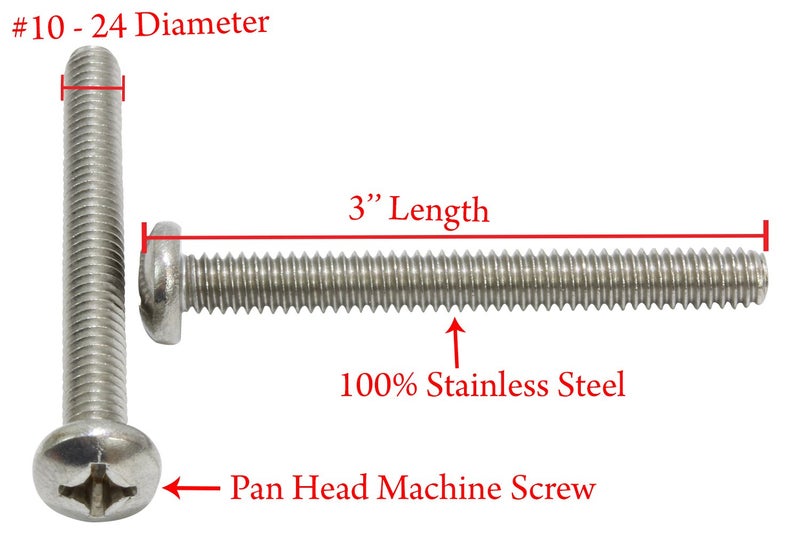 Bolt Dropper No. 10-24 x 3 Stainless Pan Head Phillips Machine Screw, (25 pc), 18-8 (304) Stainless Steel Machine Screws, UNC Full Thread, Plain Finish by - Image 2