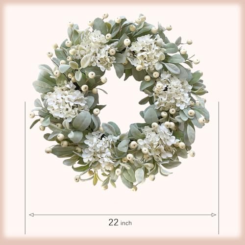 Idyllic 22 Inch Lambs Ears Leaves Everyday Wreath with Ivory Hydrangea and Cream Berries, Spring Summer Greenery Wreath with Burlap Ribbon Bow Knot for Doors, Rustic and Farmhouse Style Home Decor - Image 3