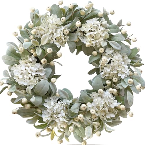 Idyllic 22 Inch Lambs Ears Leaves Everyday Wreath with Ivory Hydrangea and Cream Berries, Spring Summer Greenery Wreath with Burlap Ribbon Bow Knot for Doors, Rustic and Farmhouse Style Home Decor - Image 1