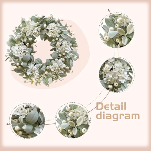Idyllic 22 Inch Lambs Ears Leaves Everyday Wreath with Ivory Hydrangea and Cream Berries, Spring Summer Greenery Wreath with Burlap Ribbon Bow Knot for Doors, Rustic and Farmhouse Style Home Decor - Image 2