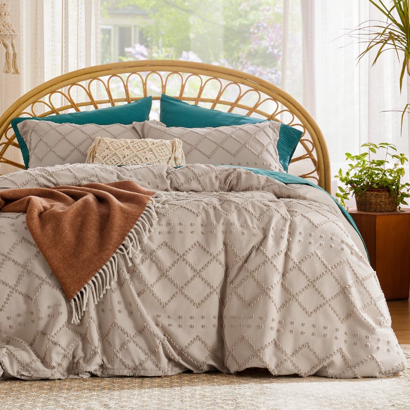 Bedsure Boho Duvet Cover Queen Size - Khaki Breathable & Soft Boho Bedding, Machine Washable Comforter Cover for All Seasons, Includes 1 Duvet Cover 90"x90" with 2 Pillow Shams & Zipper Closure - Image 1
