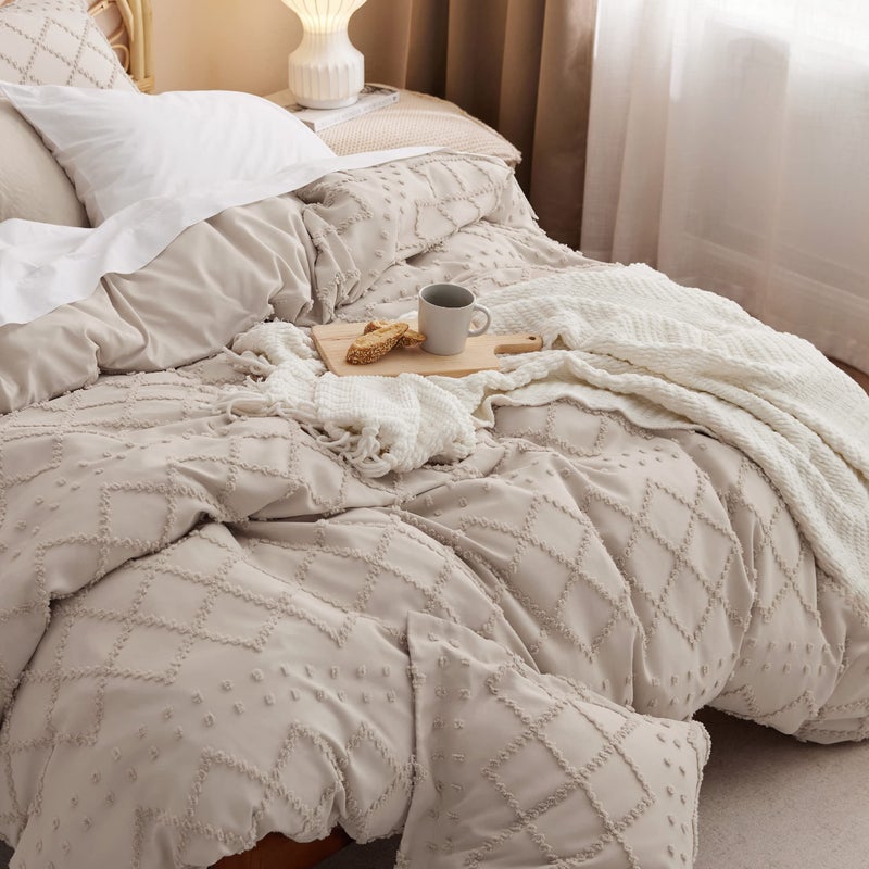 Bedsure Boho Duvet Cover Queen Size - Khaki Breathable & Soft Boho Bedding, Machine Washable Comforter Cover for All Seasons, Includes 1 Duvet Cover 90"x90" with 2 Pillow Shams & Zipper Closure - Image 4
