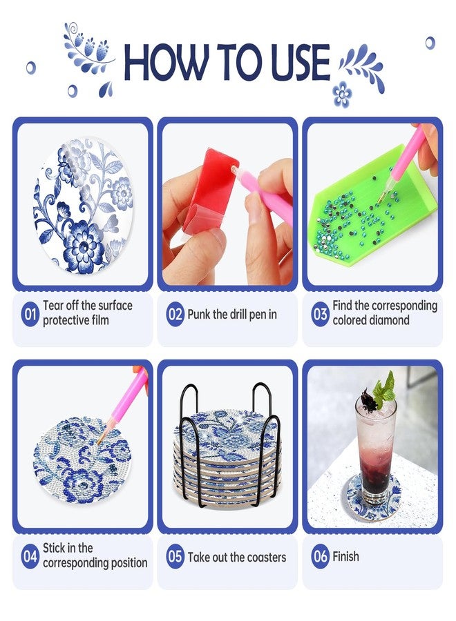 INCOK Blue Flower Diamond Art Coasters - 8 Pcs Diamond Painting Coasters Kits with Cork Base Home Table Decor DIY Crafts Party Supplies Mother's Day Birthday Gift for Adult Beginners - Image 3