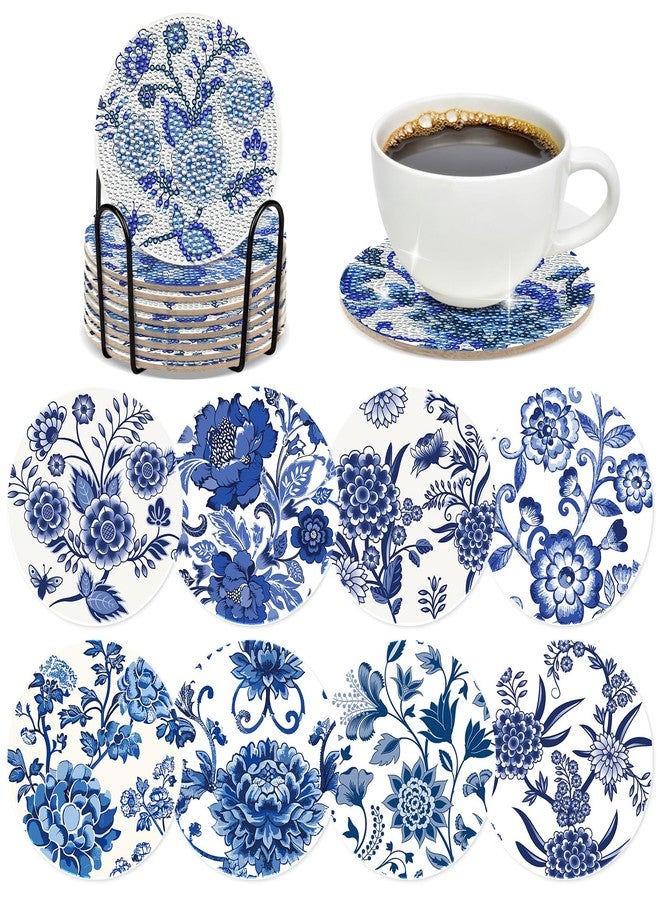 INCOK Blue Flower Diamond Art Coasters - 8 Pcs Diamond Painting Coasters Kits with Cork Base Home Table Decor DIY Crafts Party Supplies Mother's Day Birthday Gift for Adult Beginners - Image 1