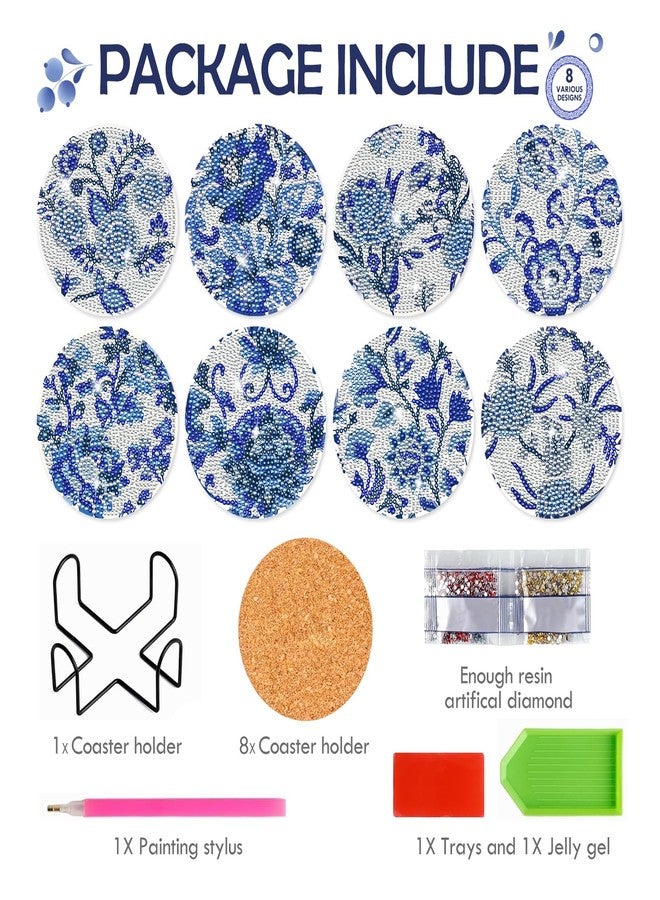 INCOK Blue Flower Diamond Art Coasters - 8 Pcs Diamond Painting Coasters Kits with Cork Base Home Table Decor DIY Crafts Party Supplies Mother's Day Birthday Gift for Adult Beginners - Image 4