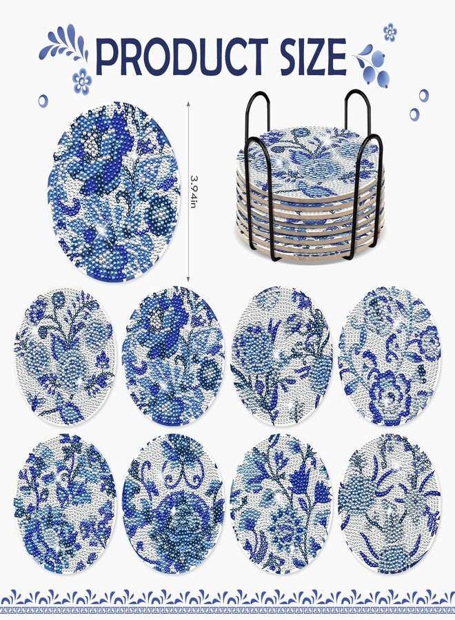 INCOK Blue Flower Diamond Art Coasters - 8 Pcs Diamond Painting Coasters Kits with Cork Base Home Table Decor DIY Crafts Party Supplies Mother's Day Birthday Gift for Adult Beginners - Image 2