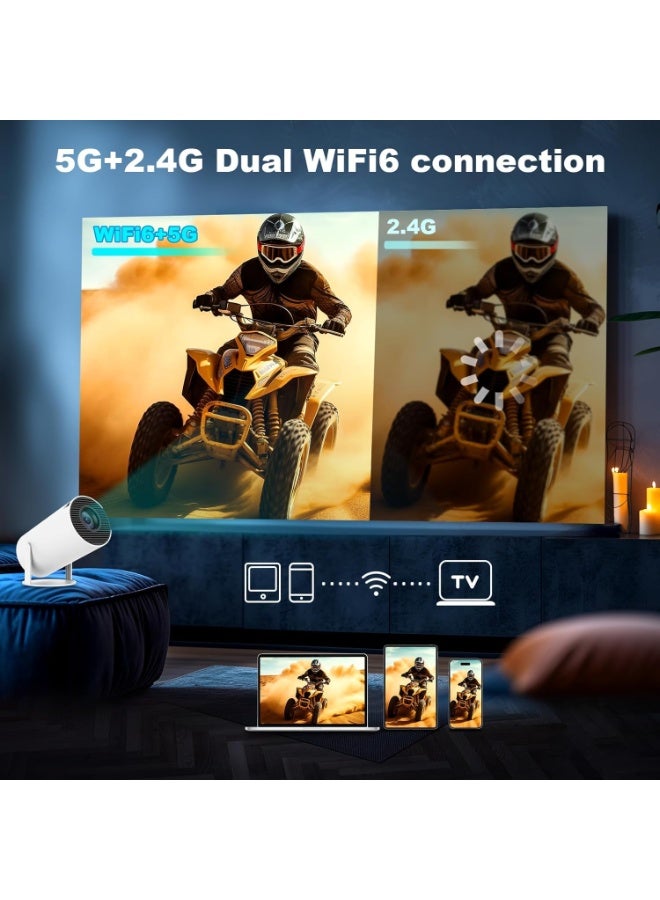 VINNYSEN Mini Projector, Support 4K 1080P Portable Projector with Dual Band WIFI6 5G Wireless 5.2 Bluetooth Android 11, 180° Rotatable, Auto Keystone Correction,35"-130" Screen Video Projector (white) - Image 2