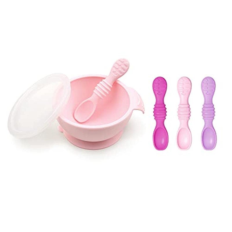 Bumkins Silicone Feeding Set With Suction for Baby and Toddler - Includes Bowl, 4 Spoons, Lid - First Feeding Set, Training Essentials for Led Weaning, 4 Months Up - Pink - Image 1