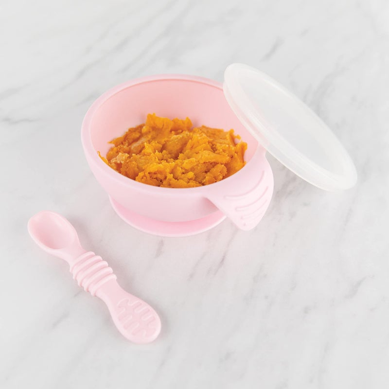 Bumkins Silicone Feeding Set With Suction for Baby and Toddler - Includes Bowl, 4 Spoons, Lid - First Feeding Set, Training Essentials for Led Weaning, 4 Months Up - Pink - Image 2
