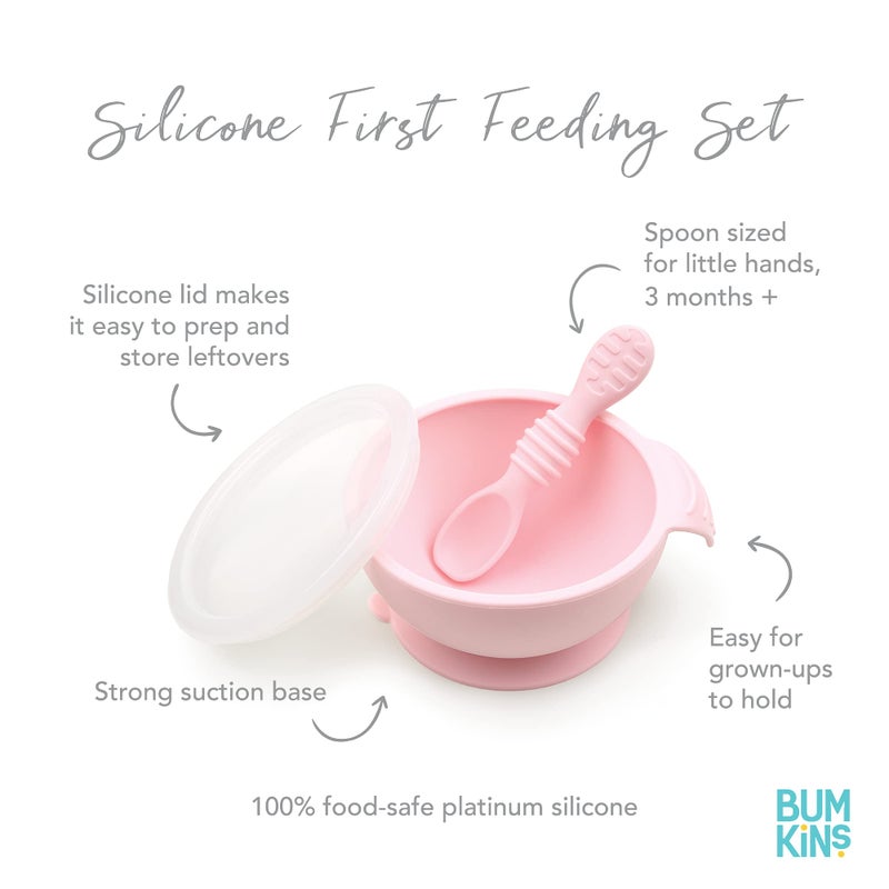 Bumkins Silicone Feeding Set With Suction for Baby and Toddler - Includes Bowl, 4 Spoons, Lid - First Feeding Set, Training Essentials for Led Weaning, 4 Months Up - Pink - Image 5