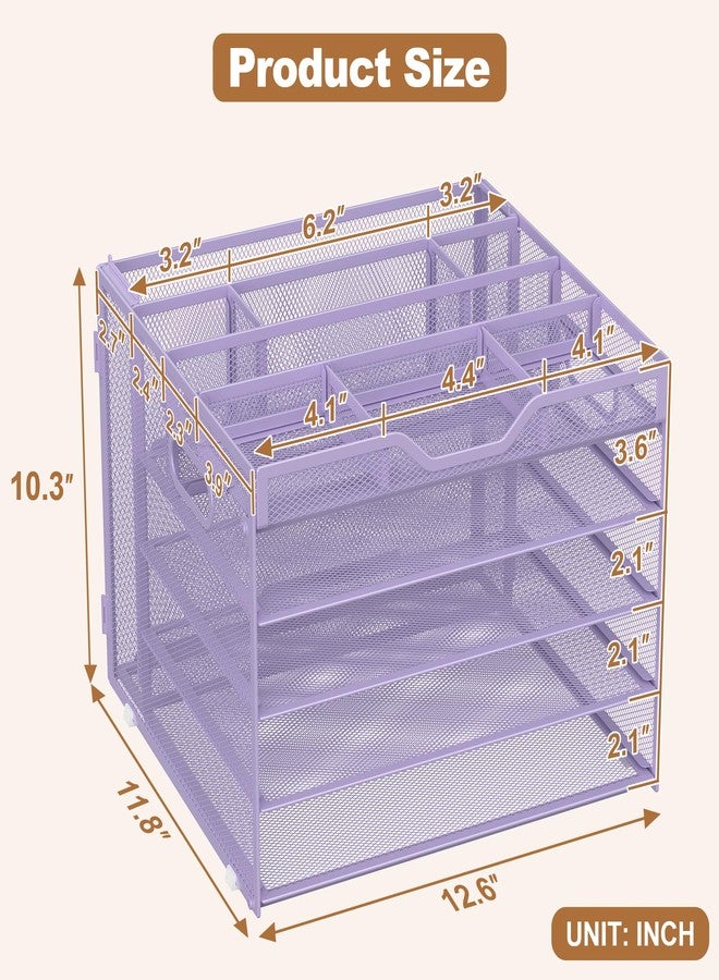 Docnest 5 Tier Letter Tray with Hanging File Organizer-Mesh Desk Organizer-Desktop Storage Box Built in Pen Holder and Handles, File Folder Holder for Mail Documents Office Supplies-Purple - Image 2