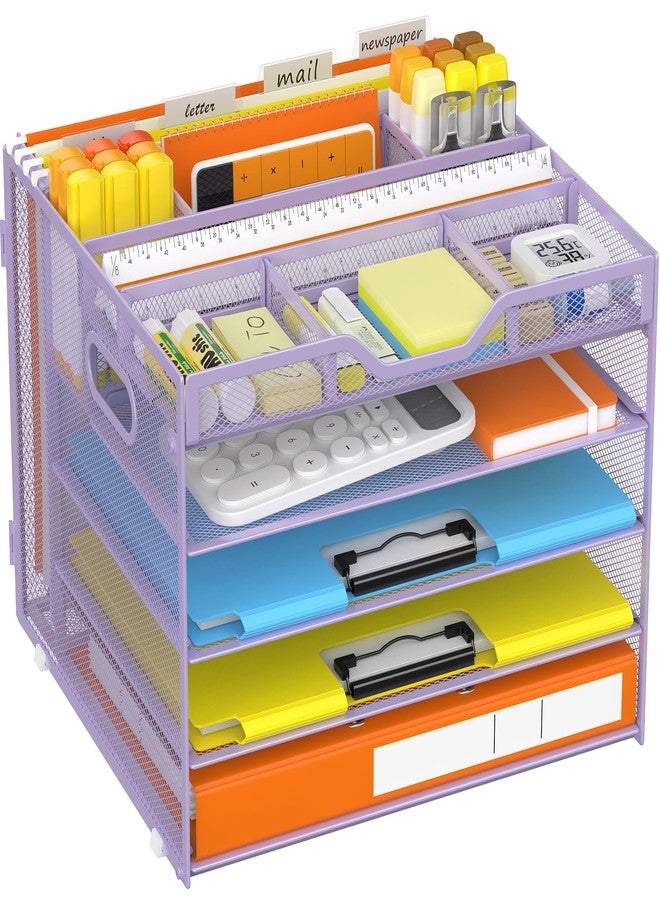 Docnest 5 Tier Letter Tray with Hanging File Organizer-Mesh Desk Organizer-Desktop Storage Box Built in Pen Holder and Handles, File Folder Holder for Mail Documents Office Supplies-Purple - Image 1