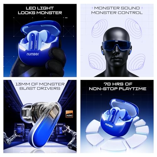 Number Super Buds GT S9 Gaming TWS, Ultra-Low Latency Gaming Earbuds with Monster Bass & LED Case, Quad Mic ENC, 70H Playtime, BT 5.4, IPX5 (Blue Snow) - Image 3