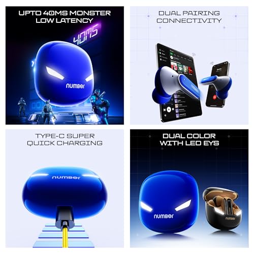 Number Super Buds GT S9 Gaming TWS, Ultra-Low Latency Gaming Earbuds with Monster Bass & LED Case, Quad Mic ENC, 70H Playtime, BT 5.4, IPX5 (Blue Snow) - Image 4