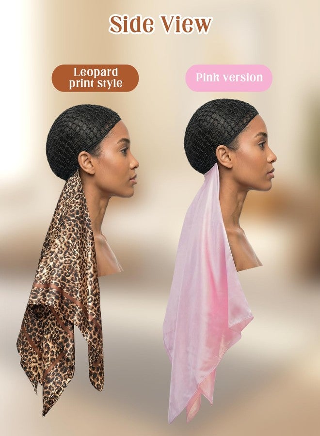 PASDUCHAS 2-In-1 Wrap Cap Hair Net and Scarf, 2 Packs Silk Press Wrap Pink & Leopard Print Bonnet for Hair Care, Shower Cap, Neck Scarf and Fashionable Shawl - Image 2