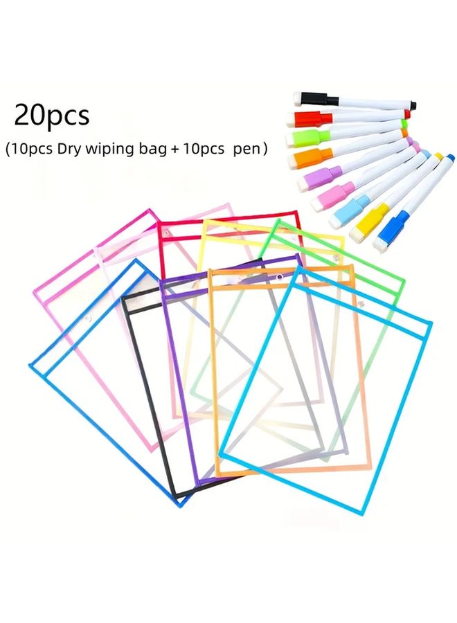 20Pcs Dry Erase Pocket Set With 10PCS Pen And 10PCS Reusable Bag A4 Size Classroom Supplies - Image 1