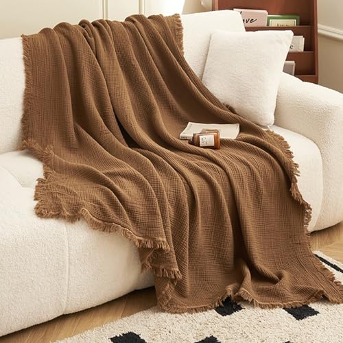 MorroMorn 100% Cotton Muslin Throw Blanket with Fringes 50"x60", 4-Layer Cotton Gauze Blankets for Adults, Boho Bedding Breathable Lightweight Ultra-Soft for Couch Bed Sofa All Seasons, Brown - Image 2