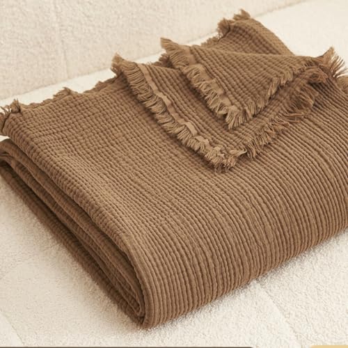 MorroMorn 100% Cotton Muslin Throw Blanket with Fringes 50"x60", 4-Layer Cotton Gauze Blankets for Adults, Boho Bedding Breathable Lightweight Ultra-Soft for Couch Bed Sofa All Seasons, Brown - Image 1
