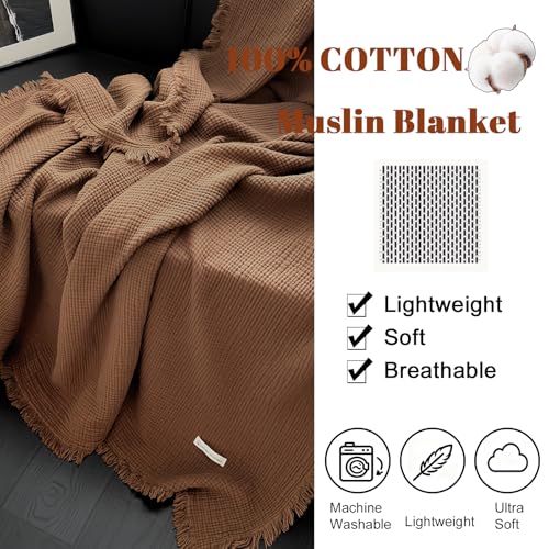 MorroMorn 100% Cotton Muslin Throw Blanket with Fringes 50"x60", 4-Layer Cotton Gauze Blankets for Adults, Boho Bedding Breathable Lightweight Ultra-Soft for Couch Bed Sofa All Seasons, Brown - Image 5