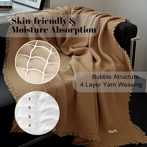 MorroMorn 100% Cotton Muslin Throw Blanket with Fringes 50"x60", 4-Layer Cotton Gauze Blankets for Adults, Boho Bedding Breathable Lightweight Ultra-Soft for Couch Bed Sofa All Seasons, Brown - Image 4