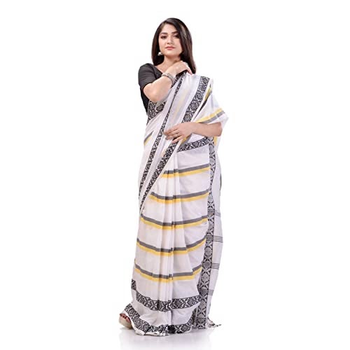 dB DESH BIDESH Women` Pure Handloom Cotton Saree Pushpapatra Design With Blouse Piece (White) - Image 1