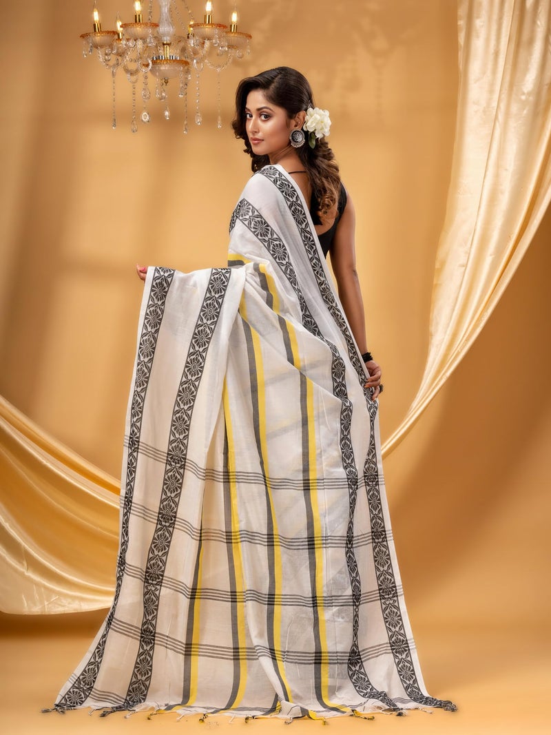 dB DESH BIDESH Women` Pure Handloom Cotton Saree Pushpapatra Design With Blouse Piece (White) - Image 3