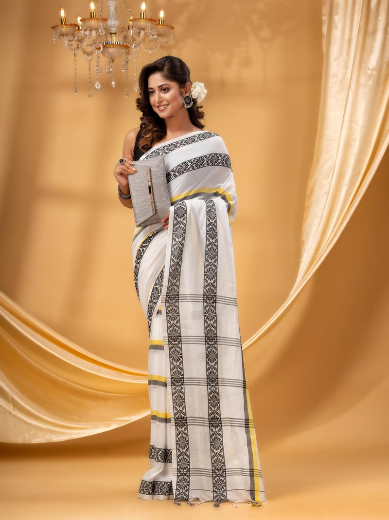 dB DESH BIDESH Women` Pure Handloom Cotton Saree Pushpapatra Design With Blouse Piece (White) - Image 2
