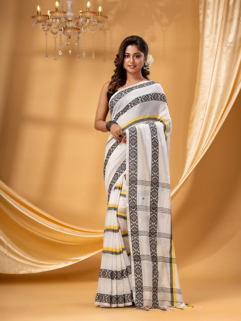 dB DESH BIDESH Women` Pure Handloom Cotton Saree Pushpapatra Design With Blouse Piece (White) - Image 4