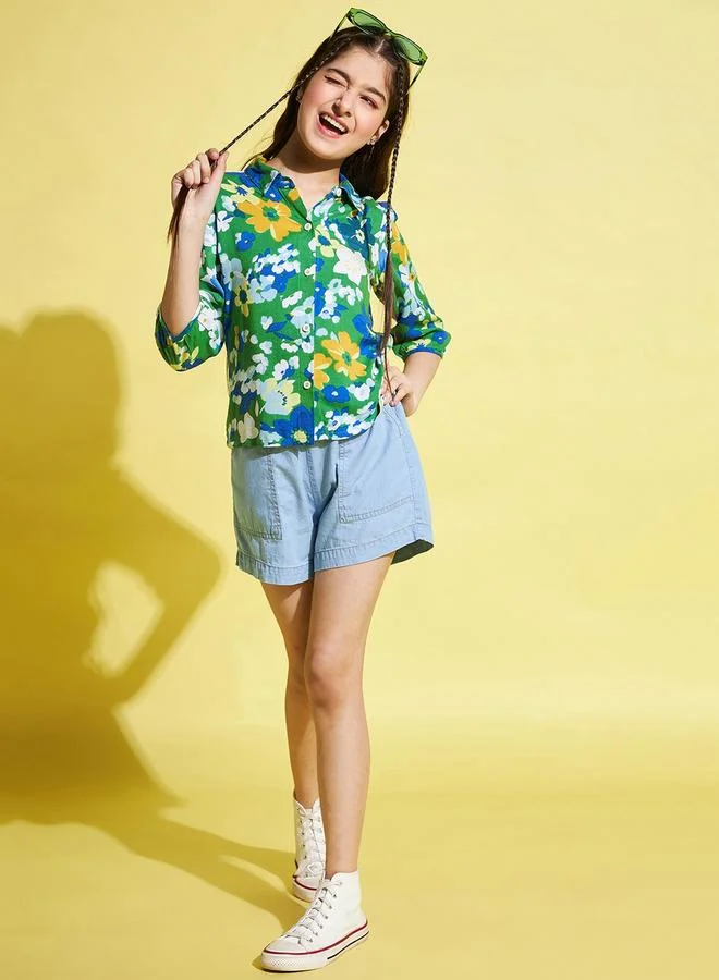 Stylo Bug Girls Green Floral Print Top with 3/4 Sleeve