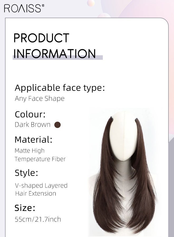 roaiss V-Shaped Layered Straight Hair Invisible Clip-in Extension, One Piece Hair Extension Wig with 5 Clips, Heat Resistant Synthetic Hairpiece for Women , Increase Hair Volume Dark Brown, 55cm (21.7 inches) - Image 2