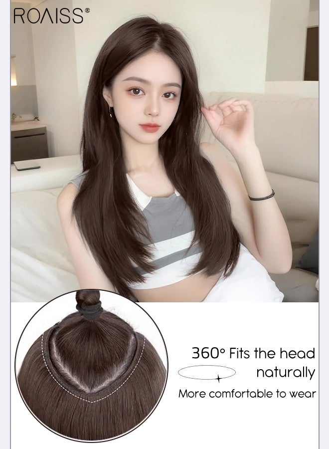 roaiss V-Shaped Layered Straight Hair Invisible Clip-in Extension, One Piece Hair Extension Wig with 5 Clips, Heat Resistant Synthetic Hairpiece for Women , Increase Hair Volume Dark Brown, 55cm (21.7 inches) - Image 3