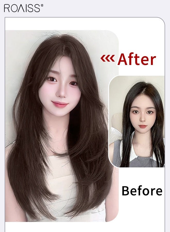 roaiss V-Shaped Layered Straight Hair Invisible Clip-in Extension, One Piece Hair Extension Wig with 5 Clips, Heat Resistant Synthetic Hairpiece for Women , Increase Hair Volume Dark Brown, 55cm (21.7 inches) - Image 5