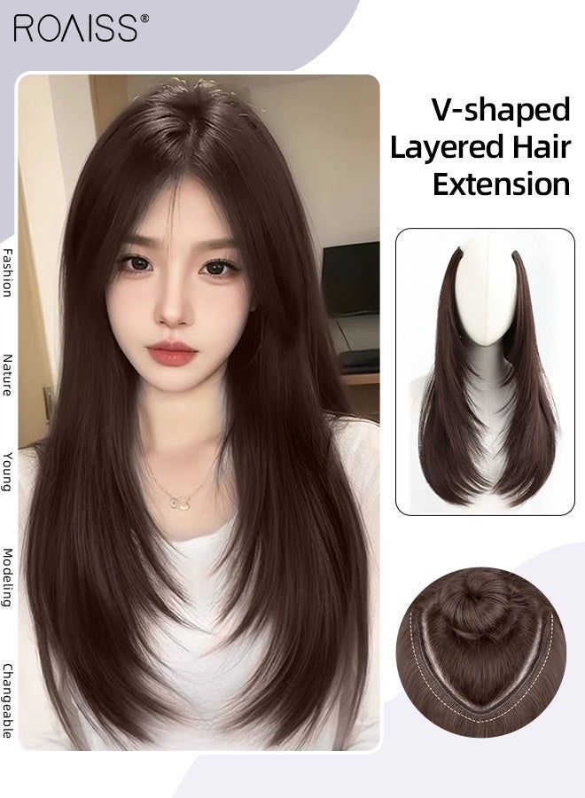 roaiss V-Shaped Layered Straight Hair Invisible Clip-in Extension, One Piece Hair Extension Wig with 5 Clips, Heat Resistant Synthetic Hairpiece for Women , Increase Hair Volume Dark Brown, 55cm (21.7 inches) - Image 1