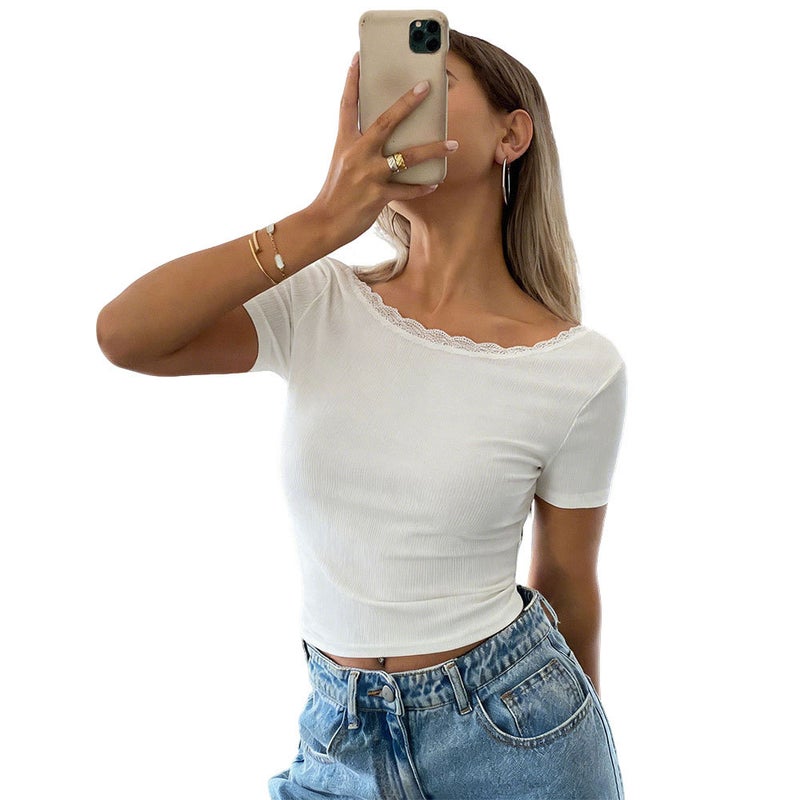 تيشيرت نسائي أبيض قصير بأكمام قصيرة مع دانتيل - Image 5