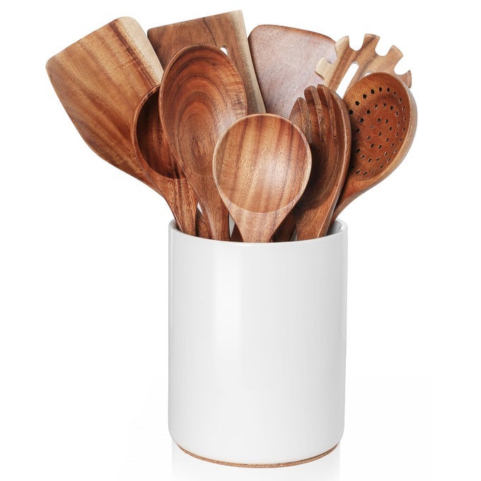 WOODEN COOKING UTENSILS SET WITH HOLDER NONSTICK WOODEN SPOONS FOR COOKING SPATULA SET 10 PCS TEAK WOOD KITCHEN UTENSILS SET CERAMIC UTENSILS HOLDER FOR COUNTERTOP WHITE