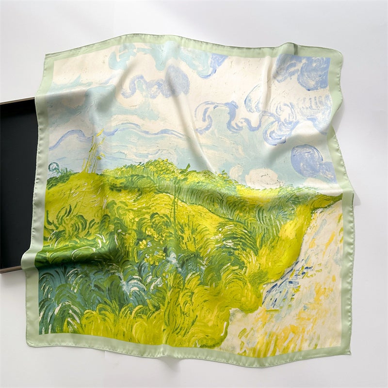 Spring and Summer Cartoon Cute Silk Scarf Small Square Silk 70cm Scarf Women's Korean Style Cat Hair Belt Decorative Headscarf - Image 3